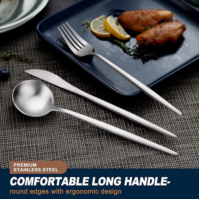 EUIRIO 48-Piece Matte Silverware Set with Steak Knives, Flatware Set for 8, Stainless Steel Forks and Spoons Silverware Sets, Satin Finish, Dishwasher Safe Cutlery Utensils Set
