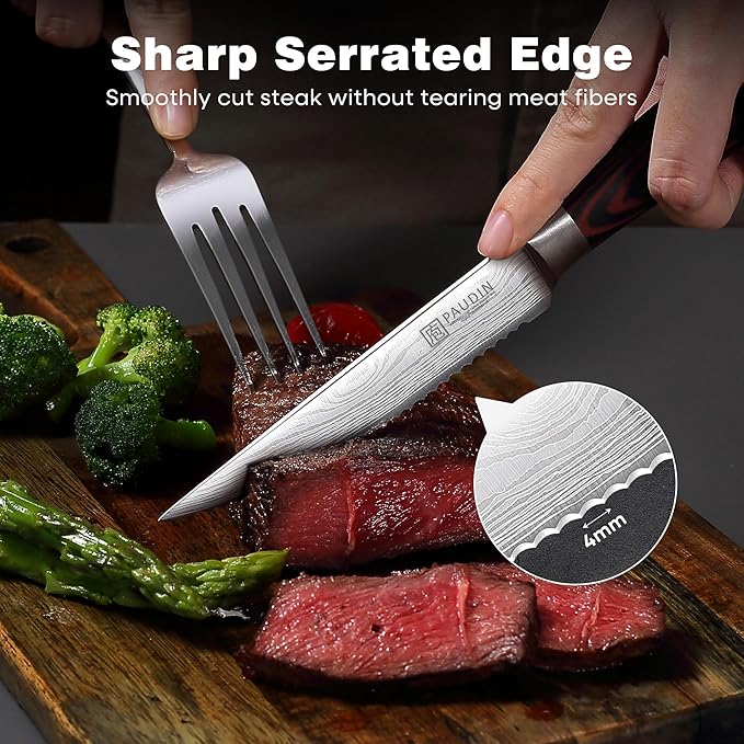 PAUDIN Steak Knives 4.5 Inch, Steak knives Set of 8, High Carbon Stainless Steel Steak Knife Set, Sharp Serrated Steak Knife with Pakkawood Handle, Kitchen Steak Knives with Gift Box
