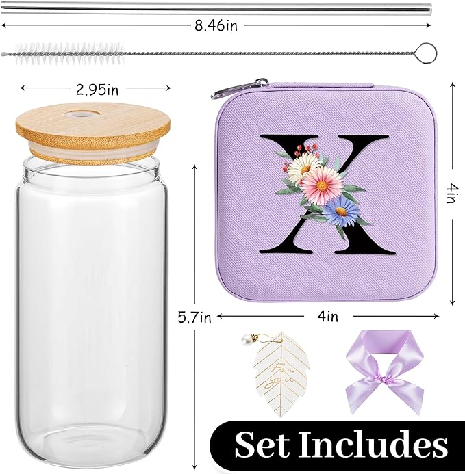AYGXU Personalized gifts for bridesmaid,16oz glass cups with lid and straw,Jewelry Organizer,Graduation Travel Gifts for Women,Personalized Travel Mini Jewelry Case,Initial X purple