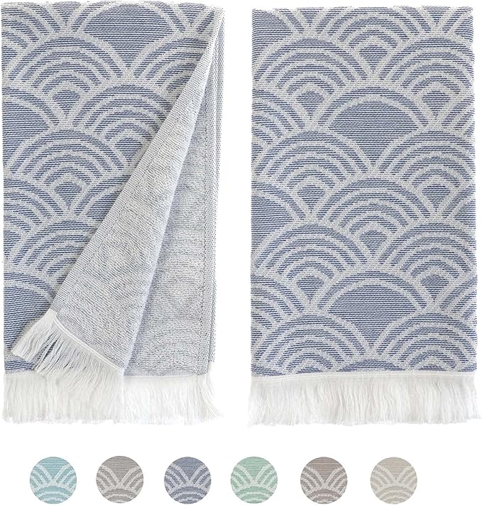 sea me at home Hand Towels for Bathroom, Cotton Kitchen Hand Towels, 100% Cotton Turkish Hand Towel Set of 2, Decorative Towel Set with Modern Boho Design (Navy Waves)
