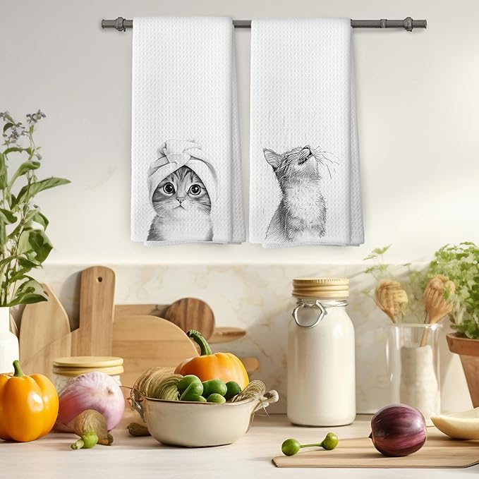 Funny Cat Bathroom Towels Set of 2, Cat Gifts for Women Cats Lovers Hand Towel, Bathroom Restroom Washroom Decorative Tea Towel Dish Towels 16x24 Inch