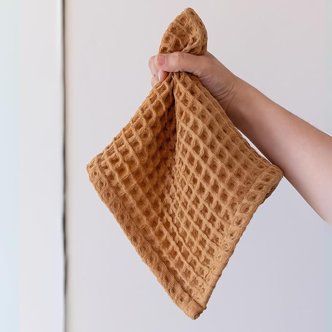 Waffle Washcloths Set of 8 Caramel Brown - Premium Quality 100% Turkish Cotton Face Washcloth, Soft Makeup Towel, Shower Cloth, Kitchen Towel (Caramel, Set of 8 Washcloths)