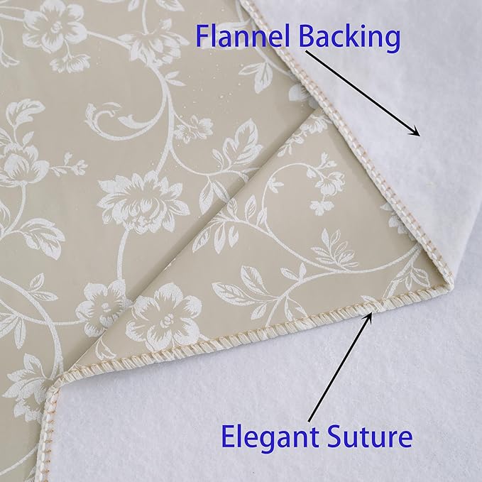 Heavy Duty Vinyl Tablecloth with Flannel Backing Waterproof Oil-Proof Plastic Table Cloth Stain-Resistant Wipeable Rectangle or Square Table Cover for Indoor and Outdoor (Beige Floral，60x102 Inch)