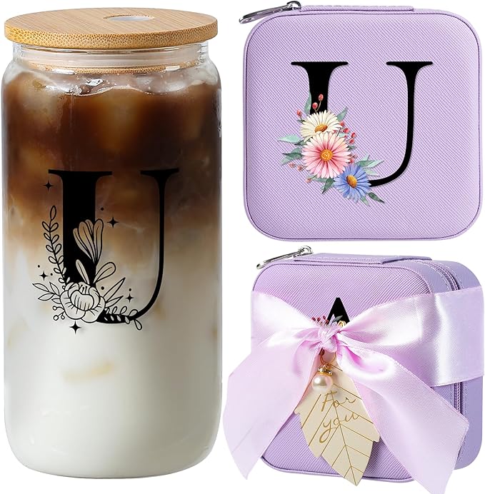AYGXU Travel Gifts for Women Girls,Small Jewelry Organizer Box,Bridesmaid Proposal Gifts,glass cup with bamboo lid and straw,aesthetic cups,coffee cups,Graduation Gifts for Her Initial U purple