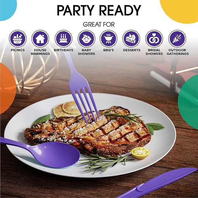 Party Solids Purple Plastic Forks 200 Pieces Purple Forks Disposable Utensils Heavy Duty Plastic Cutlery Set Disposable Cutlery Sets Flatware Sets Silverware Set Party Supplies & Party Tableware