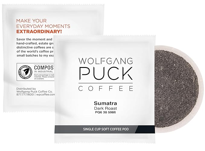 Wolfgang Puck Coffee, Sumatra Kopi Raya, Dark Roast, 9.5 Gram soft Pods, 18 Count (Pack of 3)