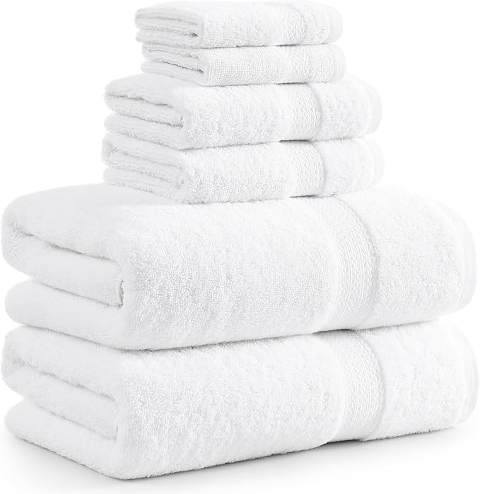 LANE LINEN 100% Cotton Luxury Bathroom Towel Set - 6 Pieces - Super Soft, Fluffy & Highly Absorbent - 2 Large Bath Towels, 2 Washcloths, 2 Hand Towels - Complete Family Pack - White Bath Towel Set