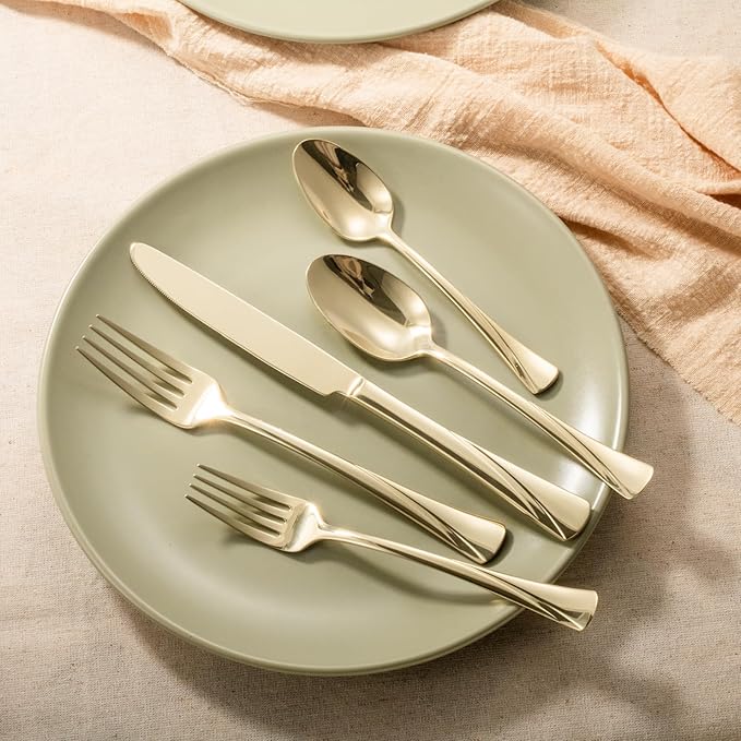Alata Alice Champagne Gold Mirror 45-Piece Silverware Set Stainless Steel Flatware Set,Service for 8,Mirror Polished Cutlery Set,Dishwasher Safe