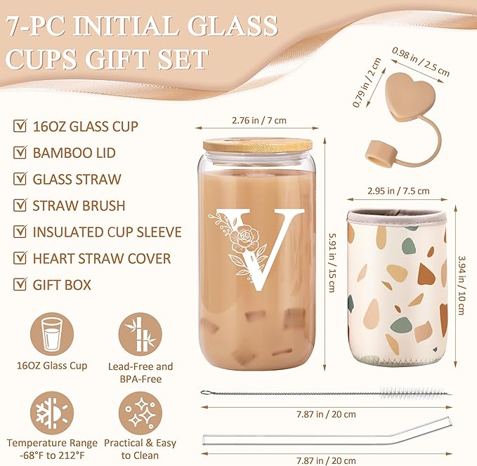 Personalized Gifts for Women, Monogrammed Gifts for Women, Initial 16 oz Glass Cups With Lids and Straws, Customized Mug, Personalized Birthday Gifts Christmas Gifts for Her Mom Friend Woman, V