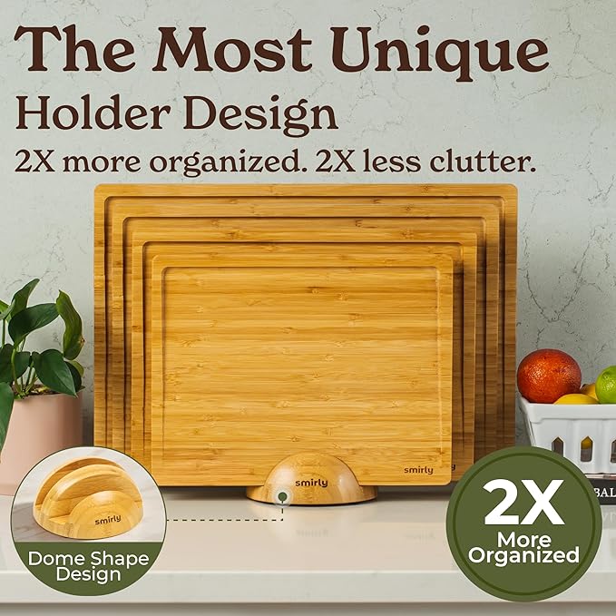 SMIRLY Bamboo Wooden Cutting Boards for Kitchen, Set of 4 Large - Small with Holder, Bamboo Wood Cutting Board Set with Deep Juice Grooves, Non Toxic Serving Tray, Gifts for Women