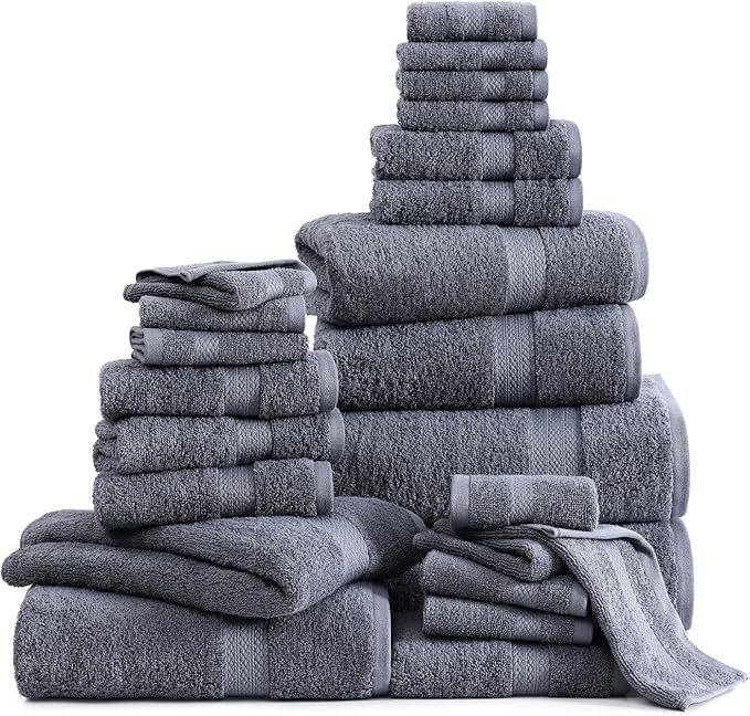 LANE LINEN 100% Cotton Bath Towels Set - 24 PCs - Durable, Quick Dry, Super Soft & Highly Absorbent - 4 Bath, 4 Fingertip, 6 Hand Towels, 8 Washcloths, 2 Bath Sheets - Perfect Family Set - Cool Grey