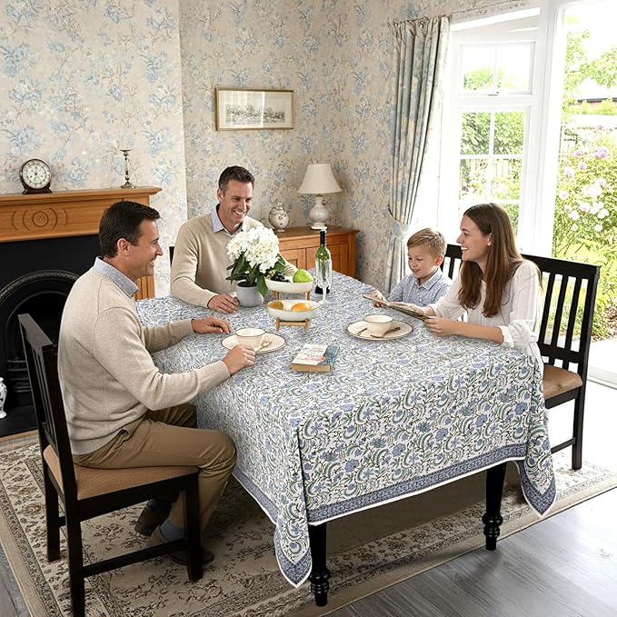 Ridhi Columbia Blue Hand Block Print Cotton Rectangle Tablecloth 108" x 70" inches Reusable Table Cover Decorative Everyday Use for Dining, Farmhouse, Home, Party, Festive, Wedding, Fall