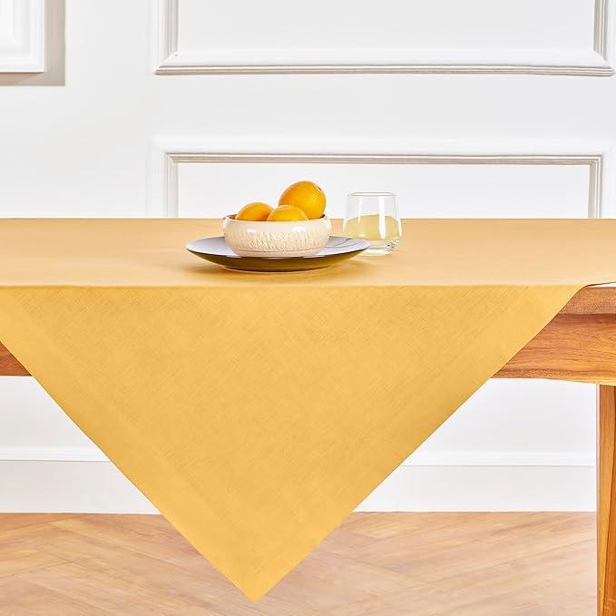 Solino Home Linen Tablecloth 52 x 52 Inch - 100% Pure Linen Mustard Yellow Square Tablecloth - Fete, Machine Washable Table Throw