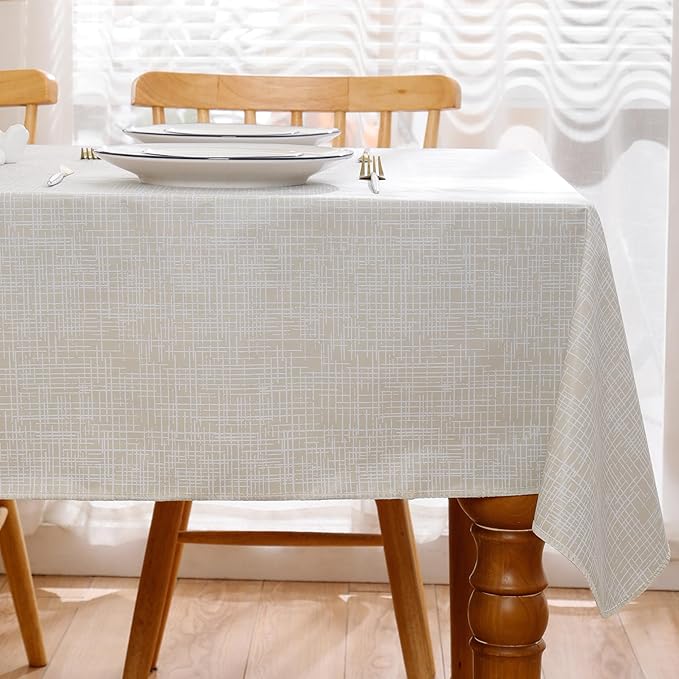 Heavy Duty Vinyl Tablecloth with Flannel Backing Waterproof Oil-Proof Plastic Table Cloth Stain-Resistant Wipeable Rectangle or Square Table Cover for Indoor and Outdoor (Beige Striped，60x102 Inch)