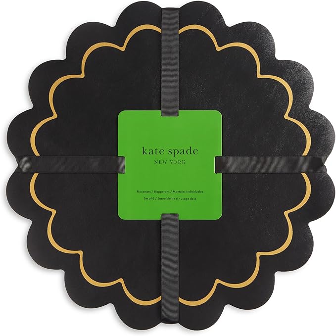 Kate Spade New York Scallop Edge Round Reversible Placemats 6-Pack Set, Imitation Leather with Metallic Print, Water Resistant, Easy Wipe Clean, Black/Gold, 15" Round