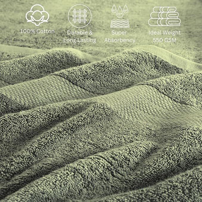 LANE LINEN Cotton Towels for Bathroom - 24 PCs - Highly Absorbent, Durable & Soft - 4 Bath, 4 Fingertip, 6 Hand Towels, 8 Washcloths, 2 Bath Sheets - Family Bundle Pack - Oil Green