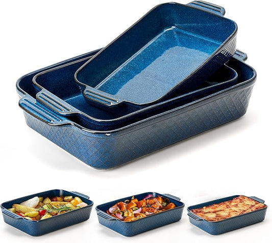 Ceramic Baking Dish Set of 3, Casserole Dishes for Oven, Square Porcelain Bakeware Set with Handles, Lasagna Baking Pan for Cooking, Perfect for Baking and Serving, Housewarming, Halloween, Thanksgiving, Christmas, New Year- Blue