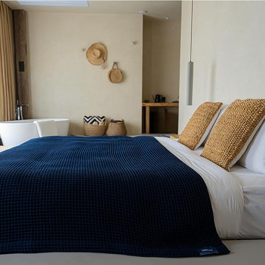 Luxury Organic Japanese Cotton Waffle Towelket Throw Blanket Bedspread for All Sleepers | Soft, Breathable and Thermoregulating (Ocean Blue, 67''x91'')
