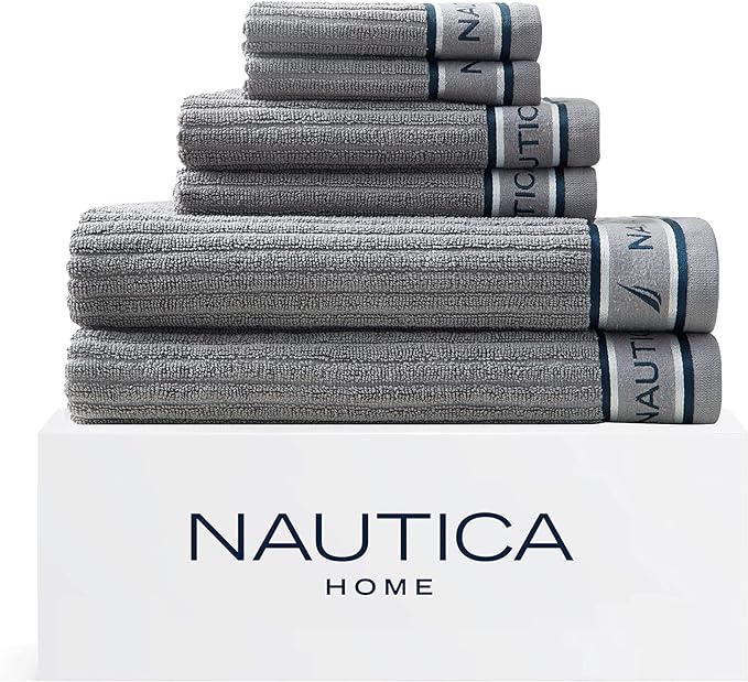 Nautica - Bath Towels, 100% Soft & Absorbent Fluffy Cotton, Highly Absorbent & Quick Dry, Medium Weight Bathroom Towels (Signature Grey, 6 Piece)
