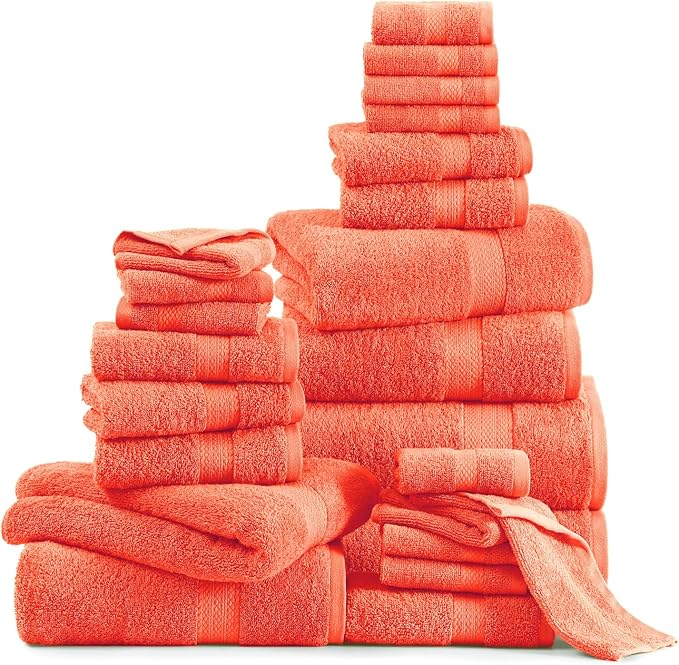 Lane Linen 100% Luxury Cotton Towel Set for Bathroom - 24 PCs - Absorbent, Super Soft & Quick Drying - 4 Bath, 4 Fingertip, 6 Hand Towels, 8 Washcloths, 2 Bath Sheets - Low Twist Towels - Living Coral
