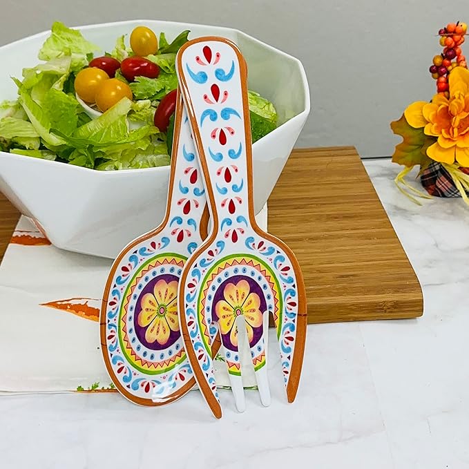 UPware Cinco de Mayo Melamine Salad Servers, Serving Utensil Set, Includes Serving Fork and Spoon for Tossing Salad, Pasta, Cinco de Mayo Decorations, Multicolor, 10.75 Inch, Set of 2