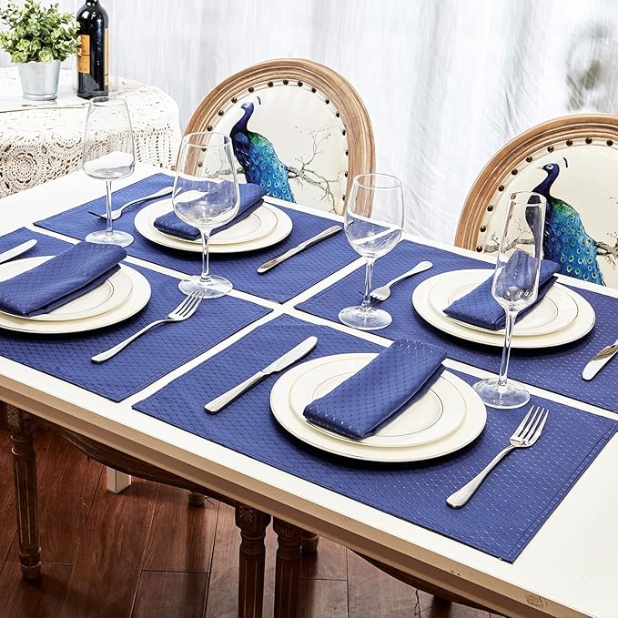 Place Mats Set of 8 – Rectangle Rectangular Waterproof Fabric Polyester Cloth Washable Wipeable Heat Resistant Placemats for Kitchen Dining Dinner Table Indoor 13 x 19 Inch Navy Blue