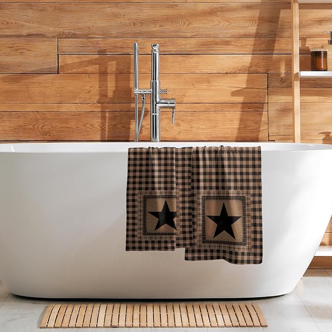 Vintage Western Texas Star Hand Towels for Bathroom Set of 2, Primitive Black Brown Decorative Buffalo Plaid Farmhouse Small Bath Towel Kitchen Dish Guest Towel for Home Spa Hotel 14.4 x 28.3 Inch