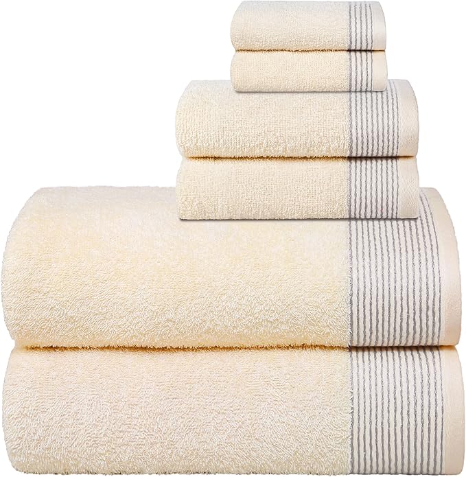 Belizzi Home 100% Cotton Ultra Soft 6 Pack Towel Set, Contains 2 Bath Towels 28x55 inchs, 2 Hand Towels 16x24 inchs & 2 Washcloths 12x12 inchs, Compact Lightweight & Highly Absorbant - Ivory