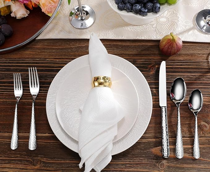 KEAWELL Premium 20/45/65 Piece Louise Hammered Silverware Set with Round Edge, 18/10 Stainless Steel, Service for 4/8/12, Fine Flatware Set, Dishwasher Safe (65)