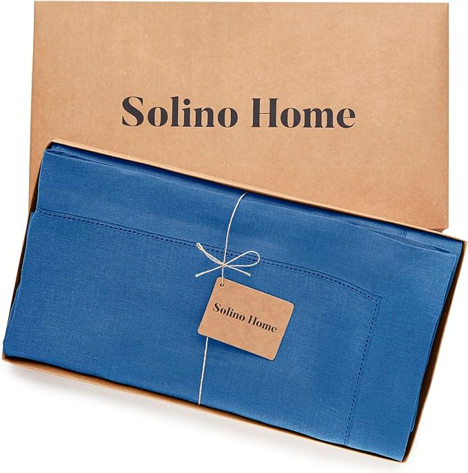 Solino Home Linen Indigo Blue Tablecloth 60 x 132 Inch - Classic Hemstitch, 100% Pure Linen Rectangular Tablecloth - Machine Washable Table Cloth for Winter