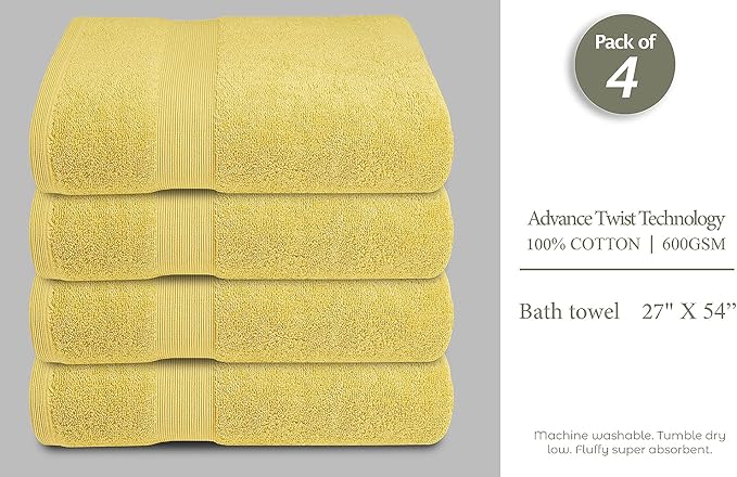 Softolle Luxury Bath Towels Set of 4 (27” x 54”) | Towels for Bathroom | Super Soft | Highly Absorbent Towels for Home, Spa, Gym (Yellow)