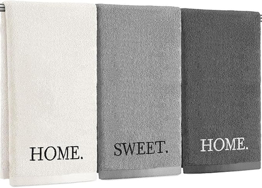 3 Pcs Farmhouse Decorative Hand Towels for Bathroom and Kitchen Rustic Embroidered 100% Cotton Hand Towels Decorative Set for Boho Bathroom Decor (Gray,Home Sweet Home)