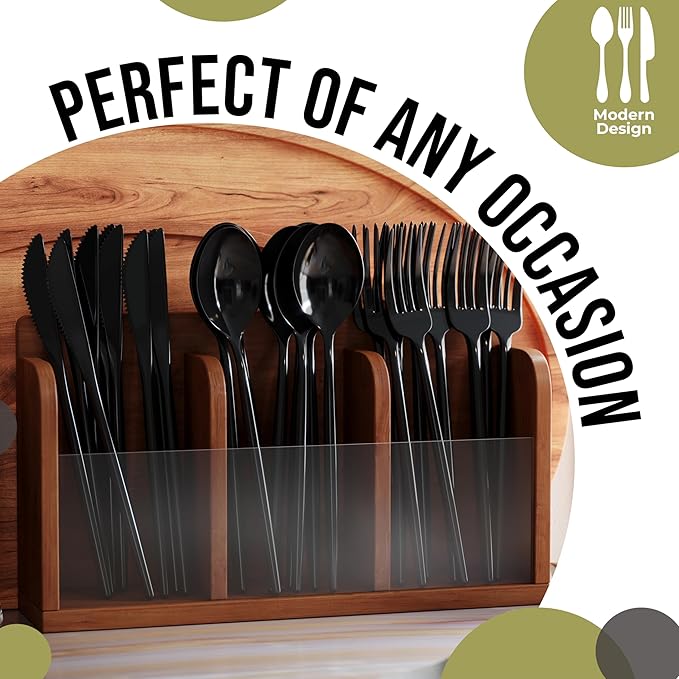 Trendables Disposable Black Plastic Cutlery Set - 120 Pack Silverware With Black Plastic Spoons and Utensils