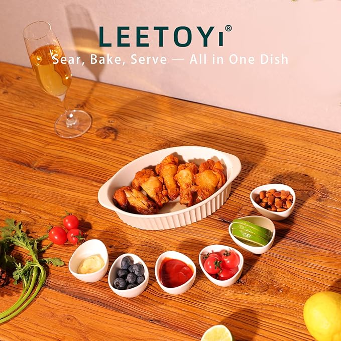LEETOYI Porcelain Small Oval Au Gratin Pans, Baking Dish Set for 1 or 2 person servings, Bakeware with Double Handle for Kitchen and Home, Set of 2 (White)