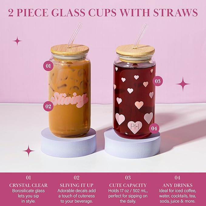 Paris Hilton Glass Tumblers Set with Iconic Decals, Includes Bamboo Lids, Reusable Glass Straws and Cleaning Brushes, Perfect for Iced Coffee, Water, and Cocktails, 2-Piece Set, 17-Ounce