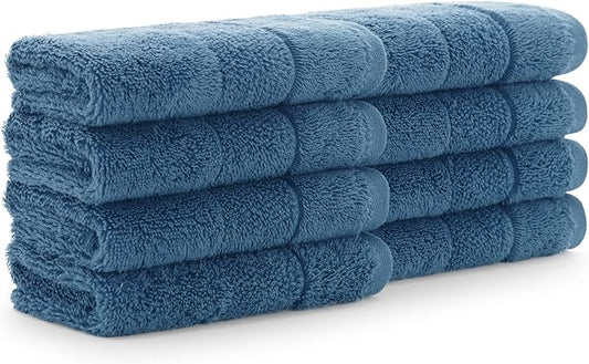 Aston & Arden Aegean Terry Wash Cloths - Set of 8 - Ringspun Turkish Cotton Thick and Soft Absorbent Luxury Hotel and Spa Bathroom Towel, 600 GSM, 13 x 13 in, Copen Blue