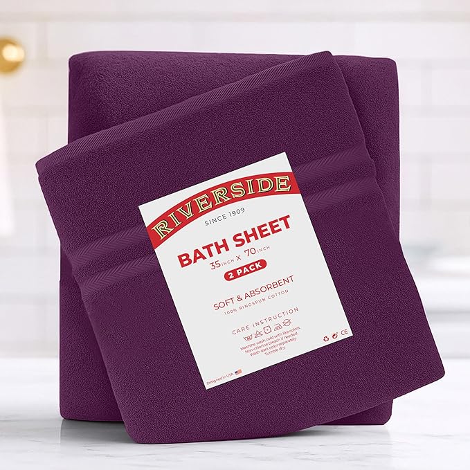 RIVERSIDE Pack of 2 Extra Large Bath Sheets 35 x 70 Inches - 100% Ring Spun Cotton Hotel Quality Oversized Bath Towels - Super Soft, Highly Absorbent & Quicker to Dry - Purple Passion