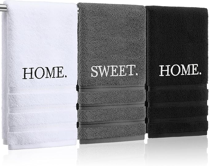 3 Pcs Farmhouse Decorative Hand Towels for Bathroom and Kitchen Rustic Embroidered 100% Cotton Hand Towels Decorative Set for Boho Bathroom Decor (Black,Home Sweet Home)