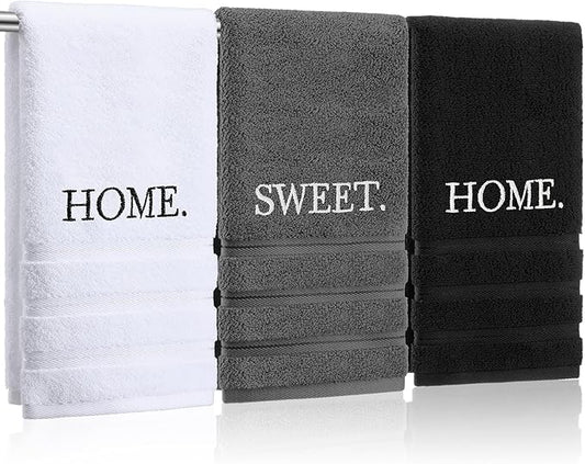 3 Pcs Farmhouse Decorative Hand Towels for Bathroom and Kitchen Rustic Embroidered 100% Cotton Hand Towels Decorative Set for Boho Bathroom Decor (Black,Home Sweet Home)