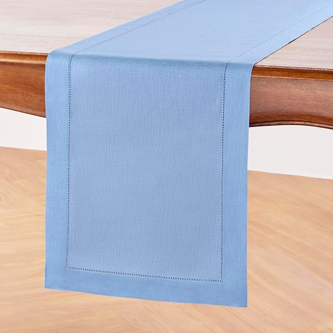 Solino Home Linen Cornflower Blue Table Runner 72 Inches Long - 100% Pure Linen Hemstitch Table Runner 14 x 72 Inch for Dresser, Dining, Holiday, New Year - Classic Hemstitch