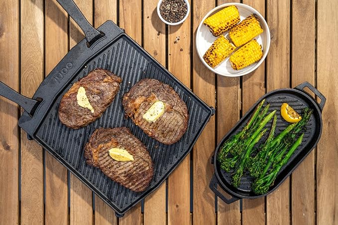 ooni Cast Iron Grizzler Pan - Grill Frying Pan, 12" x 6" Griddle Plate with Removable Handle and Stainless Steel Trivet, Pre-Seasoned Non-Stick Oven Safe Cookware, Pizza Oven and BBQ Accessories