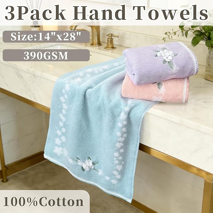 VOOVA & MOVAS Cotton Hand Towels Set of 3, 14"x28" - Quick Dry, Soft & Absobent & Lightweight, Multicolor Hand Towels for Bathroom & Showering, Luxury Towel Gift Set, Pink+Blue+Purple
