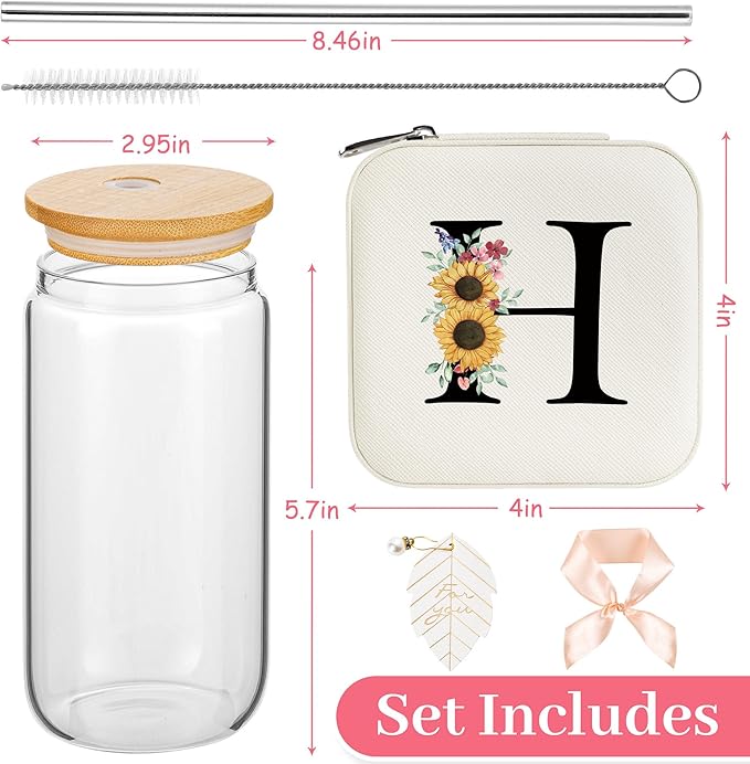 AYGXU Birthday Gifts for Women,Initial Glass Cup,Cute Tumbler Cup,bamboo lids for glass cups,Travel Jewelry Organizer,Teen Girls Gifts for Teenage Girls Birthday,Initial H white