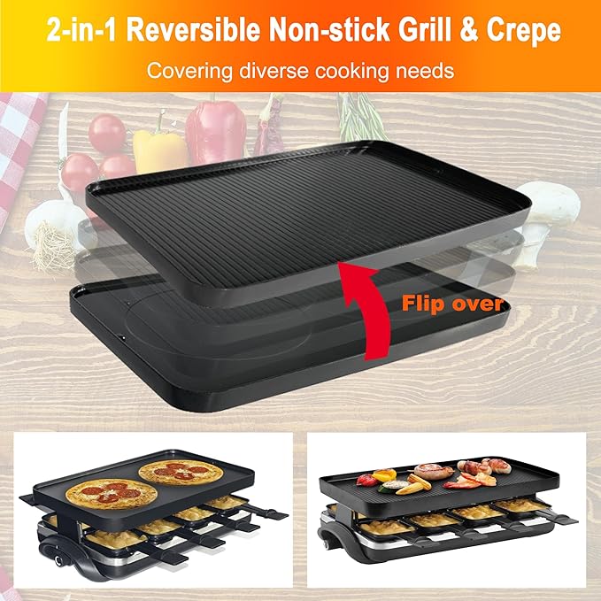 TAMARIT Raclette Table Grill Portable 3 in 1 Korean Barbecue BBQ Electric Indoor Griddle with Non-Stick Reversible Plate and Cooking Stone for Steak 1400W Raclette Grill for 8 Person, Black