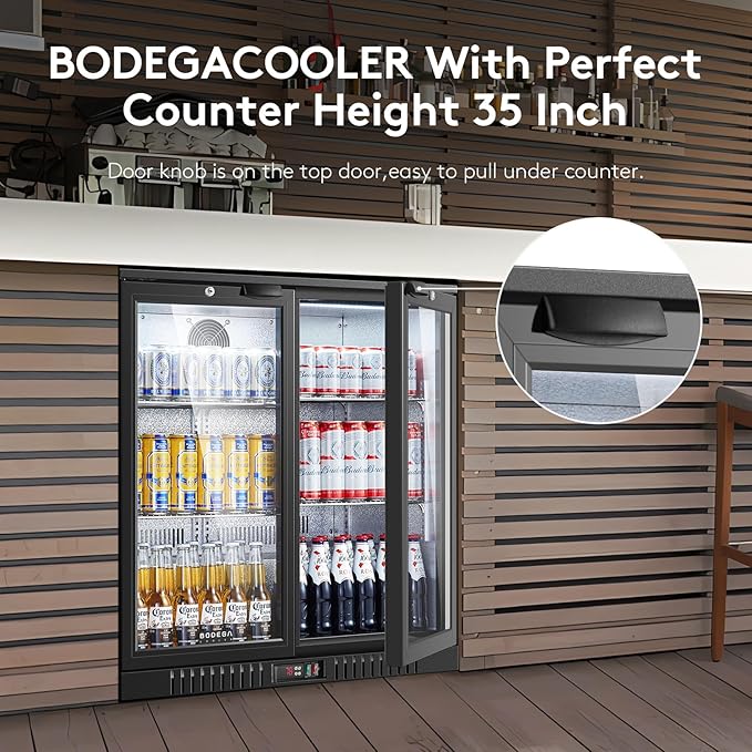 BODEGACOOLER Back Bar Cooler with 2 Glass Doors,7.4cu.ft Commercial Undercounter Beverage Fridge,35” Height Bar Refrigerator LED Lighting With Locks 68 bottles For Home, Kitchen,Bar,Conveneience Store