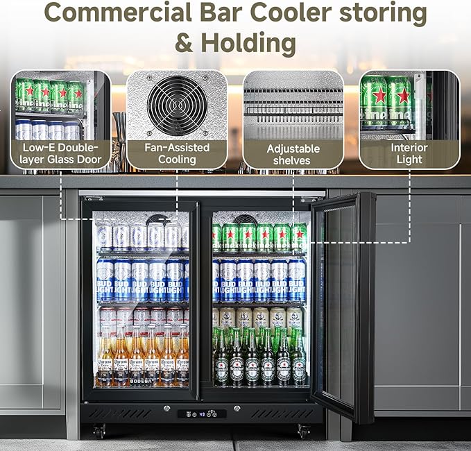 BODEGACOOLER Back Bar Cooler With 2 Glass Doors,Beverage Refrigerator 7.7 Cu.Ft Commercial Display Bar Fridge LED Lighting,36 inch Height Beverage Cooler for Soda Drinks,Beer with Stainless Steel Top
