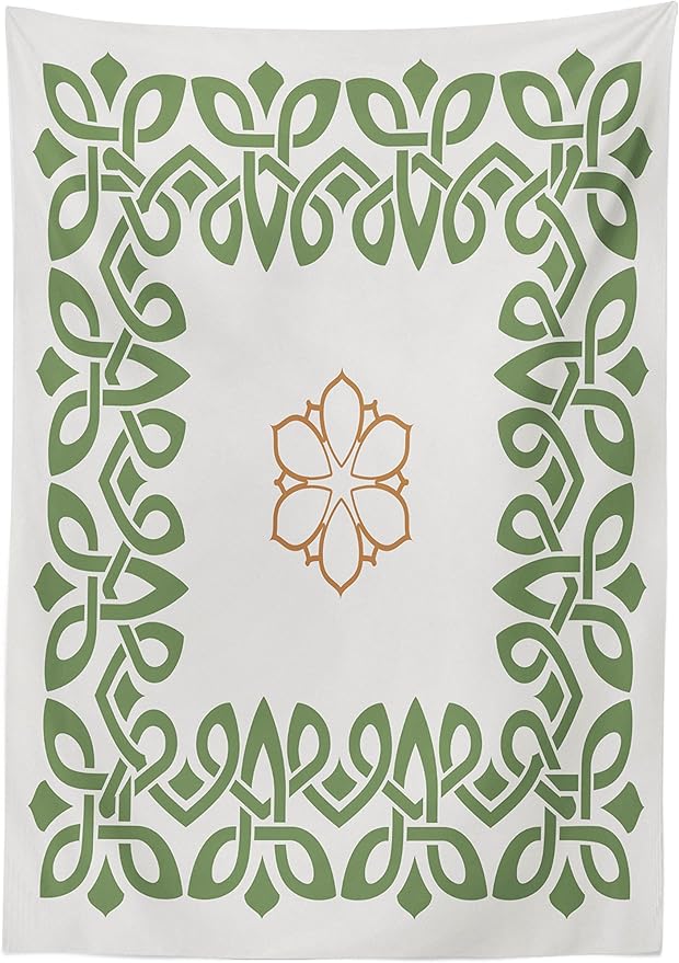 Ambesonne Celtic Tablecloth, Nostalgic Celtic Art Inspired Square Shape Frame Print with a Flower in The Centre, Rectangular Table Cover for Dining Room Kitchen Decor, 52" X 70", Beige Green