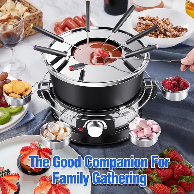 CUSIMAX Electric Fondue Set with 1300W Power Temperature Control for Cheese,Chocolate,Oil and Broth, 2L Non-Stick Electric Fondue Pot with 8 pcs Forks,6 pcs Cups and Removable Anti-Scald Handle