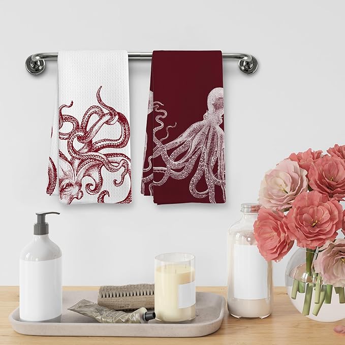 Coastal Red Octopus Beach Decor Dish Hand Tea Towels for Bathroom Kitchen, Octopus Ocean Nautical Beachy Bathroom Decor, Coastal Nautical Kitchen Towels and Dishcloths Sets of 2, 16x24 Inches
