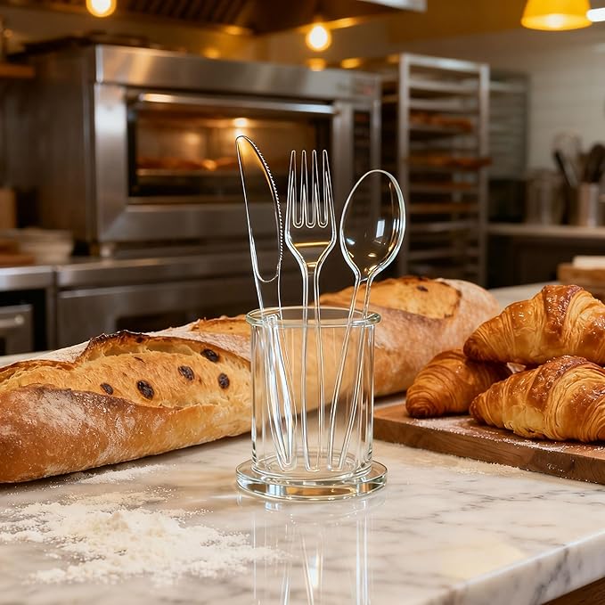 Zcaukya 300 Count Clear Plastic Silverware Set, 100 Forks, 100 Spoons, 100 Knives, Heavy Duty Disposable Cutlery Set Utensils Bulk for Parties, Events, Catering, Everyday Use